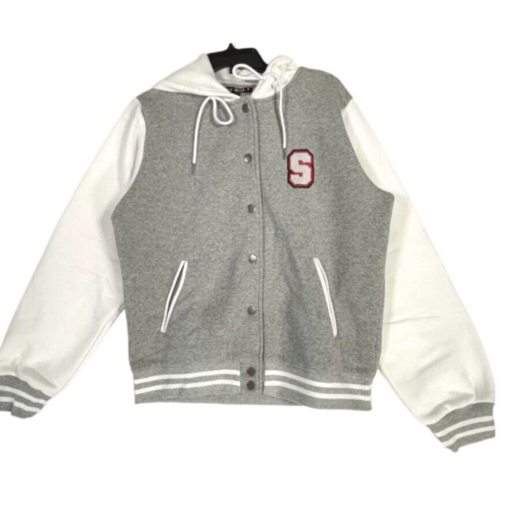 Say What Hooded Sweatshirt Women Large Gray‎ Letterman Soft Fleece Colorblock